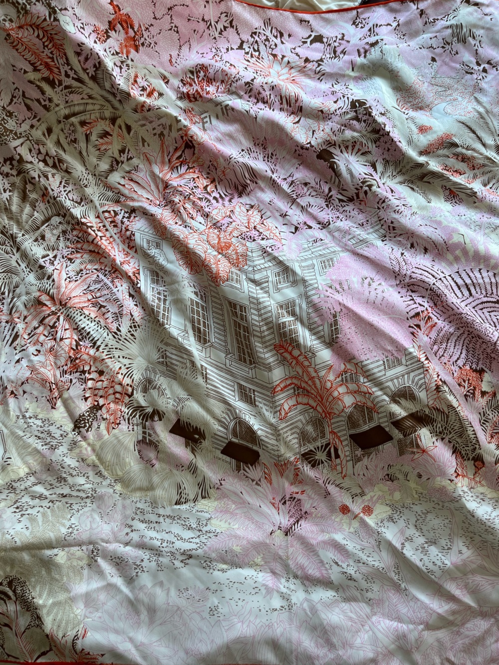 Luxury Pink and Cream Tropical Print Satin Scarf